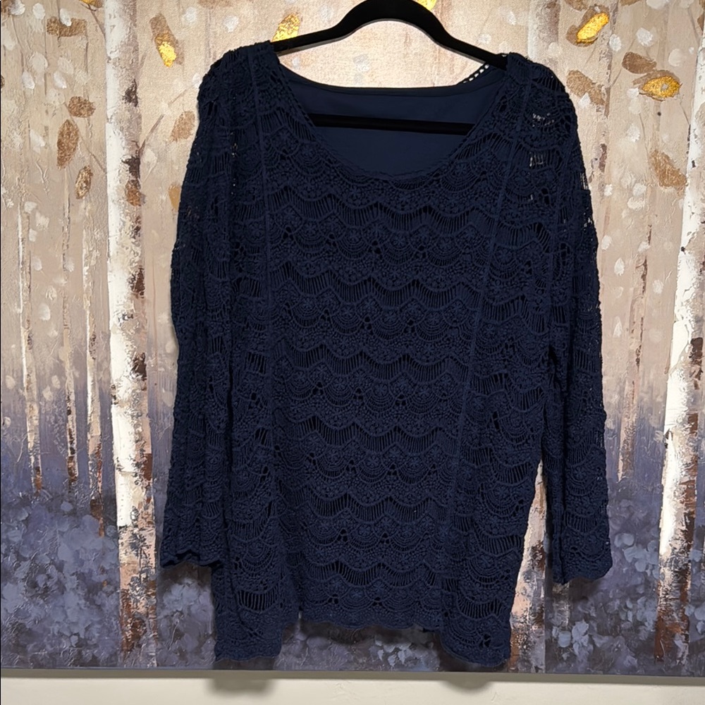 Elegant Navy Crochet Sweater, 2X